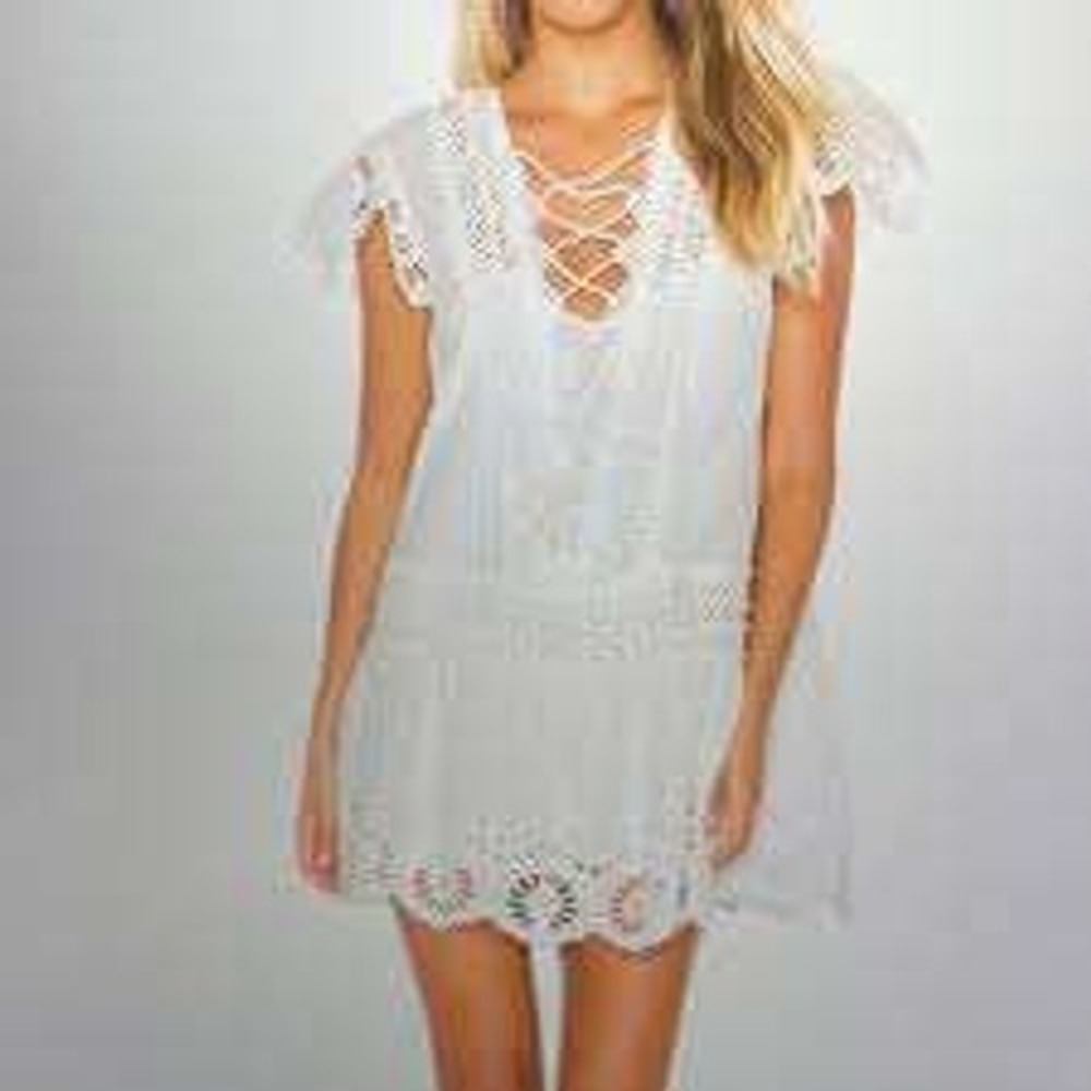 Free People White Eyelet Lace Mini Dress MEDIUM Boho Lace Up Cottage Coquette